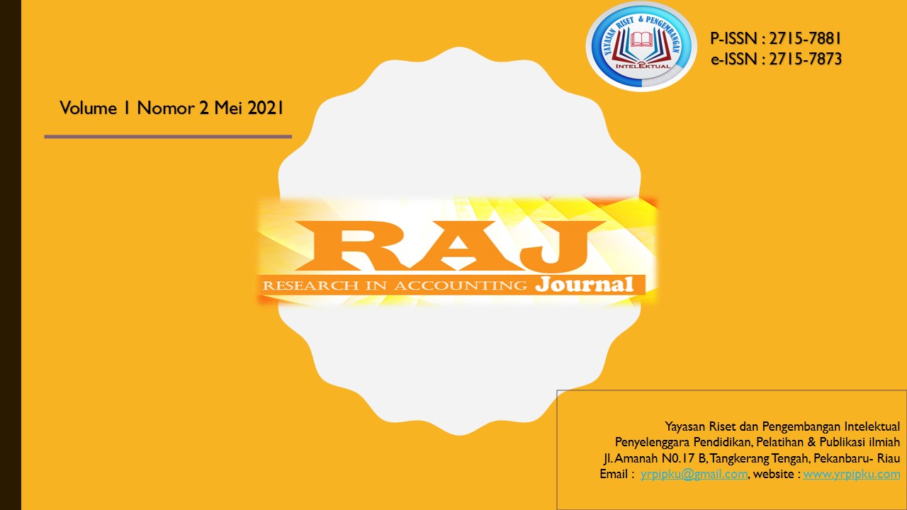 					View Vol. 1 No. 2 (2021): RAJ (Research in Accounting Journal)
				